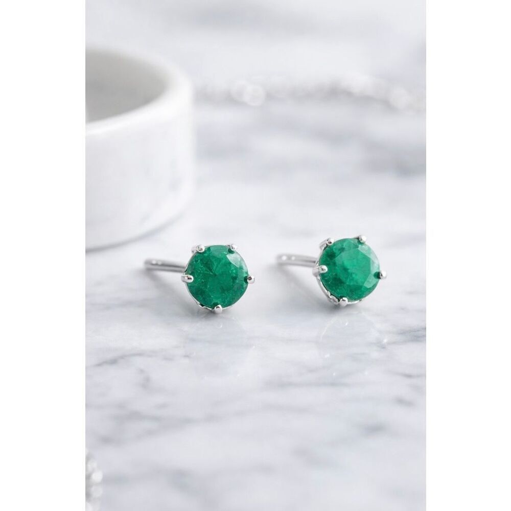 Natural 6mm Emerald Stud Earrings in 925 Sterling Silver Genuine Gemstones - Picture 2 of 5